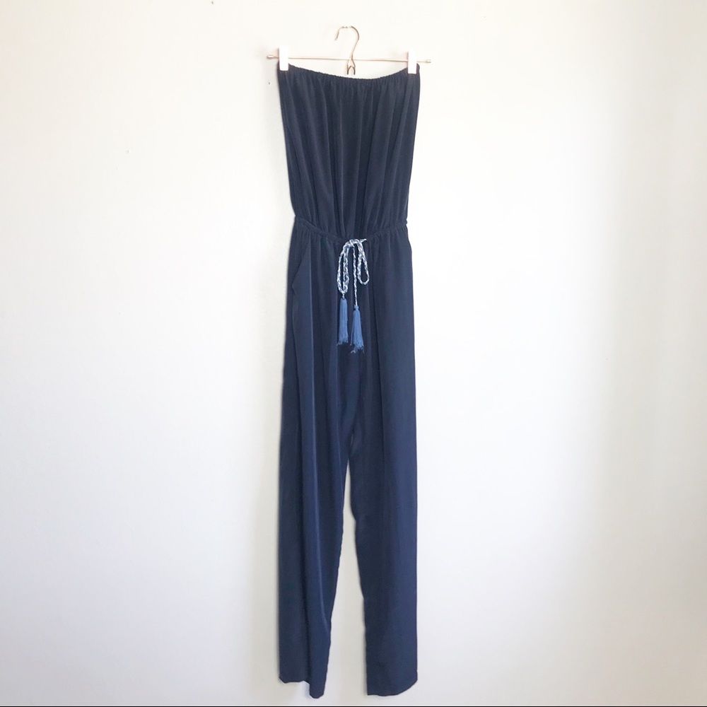 Chic Strapless Navy Jumpsuit with Tassel Accent